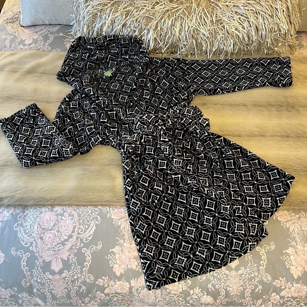 VERA BRADLEY Concerto L XL Hooded Fleece Midi Robe Black White Geometric Tie